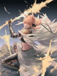 Rule 34 | 1girl, absurdres, animal ears, arknights, arm guards, arm up, armor, armored boots, back, blonde hair, boots, breasts, cape, crop top, elbow pads, from behind, gradient background, grey background, hair between eyes, headset, highres, holding, holding weapon, horse ears, kneeling, large breasts, long skirt, looking at viewer, looking back, nearl (arknights), nearl the radiant knight (arknights), no tail, on one knee, parted lips, pauldrons, ponytail, red eyes, shoulder armor, skirt, solo, t800, thigh boots, thighhighs, weapon, white cape, white skirt
