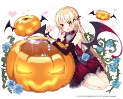 Rule 34 | 1girl, black wings, blonde hair, blue flower, brown eyes, collarbone, copyright request, detached sleeves, dress, fang, flower, heart, highres, holding, holding knife, jack-o&#039;-lantern, knife, lolita fashion, long hair, nail polish, open mouth, pumpkin, red nails, sakuragi ren, simple background, sitting, solo, white background, wings