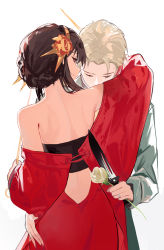 Rule 34 | 1boy, 1girl, absurdres, back, backless outfit, bare back, bare shoulders, black hair, blonde hair, chinese commentary, commentary request, dagger, dress, eyelashes, flower, from behind, gold hairband, hairband, highres, holding, holding dagger, holding flower, holding knife, holding weapon, husband and wife, jewelry, knife, long sleeves, off-shoulder dress, off shoulder, red dress, ring, rose, shenqi de (9), shoulder blades, sidelocks, simple background, smile, spy x family, stiletto (weapon), strapless, tube top, twilight (spy x family), weapon, wedding band, white background, white flower, white rose, yor briar