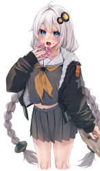 Rule 34 | 1girl, absurdres, ahoge, bad id, bad twitter id, black jacket, black shirt, black skirt, blue eyes, blush, braid, breasts, commentary request, cropped legs, doughnut, eating, food, food on face, fur-trimmed jacket, fur trim, hair ornament, highres, holding, holding food, holding suitcase, jacket, kizuna akari, long hair, long sleeves, medium breasts, miniskirt, navel, neckerchief, open clothes, open jacket, open mouth, pleated skirt, rerrere, sailor collar, school uniform, serafuku, shirt, silver hair, skirt, sleeves past wrists, solo, standing, star (symbol), suitcase, twin braids, very long hair, vocaloid, voiceroid, white sailor collar, yellow neckerchief