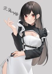 Rule 34 | 1girl, absurdres, black hair, breasts, cleavage, closed mouth, dress, grey background, highres, long hair, long sleeves, looking at viewer, maid, medium breasts, original, red eyes, shrug (clothing), side slit, simple background, smile, solo, standing, straight hair, tamatabe, twitter username, very long hair, white dress