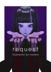 Rule 34 | 1girl, black hair, black shirt, blood, blue eyes, blunt bangs, border, closed mouth, commentary request, commission, highres, homare eramoh, long hair, long sleeves, looking at viewer, original, purple background, reaching, reaching towards viewer, shirt, simple background, skeb commission, solo, upper body, white border