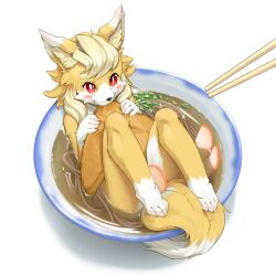 Rule 34 | 1girl, :3, animal ear fluff, animal ears, animal feet, animal hands, animal nose, barefoot, blonde hair, blush, body fur, bowl, bright pupils, chopsticks, claws, closed mouth, completely nude, eating, feet, female focus, food, food focus, fox ears, fox girl, fox tail, furry, furry female, hands up, happy, highres, holding, holding food, in food, kame (3t), legs, legs up, looking up, mini person, minigirl, noodles, nude, original, partially submerged, ramen, red eyes, round image, short hair, simple background, smile, snout, solo, swept bangs, tail, thick eyebrows, two-tone fur, white background, white fur, white pupils, yellow fur, yhun-chan (kame (3t))