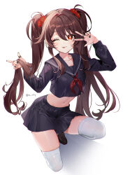 Rule 34 | 1girl, :p, alternate costume, black nails, black sailor collar, black shirt, black skirt, brown hair, closed mouth, commentary, crop top, crop top overhang, flower, flower-shaped pupils, full body, genshin impact, hair between eyes, hair flower, hair ornament, highres, holding, holding hair, hu tao (genshin impact), jewelry, light blush, long hair, long sleeves, looking at viewer, miniskirt, multiple rings, navel, neckerchief, on one knee, one eye closed, pleated skirt, red eyes, red neckerchief, ring, rity, sailor collar, school uniform, serafuku, shirt, simple background, skirt, smile, solo, stomach, symbol-shaped pupils, thighhighs, tongue, tongue out, twintails, twitter username, w over eye, white background, white thighhighs