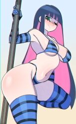 Rule 34 | 1girl, bare shoulders, bikini, blush, breasts, eyelashes, fiinel, from below, frown, full body, gloves, green eyes, hair between eyes, highres, long hair, looking at viewer, medium breasts, multicolored hair, navel, panty &amp; stocking with garterbelt, pole, simple background, solo, standing, stocking (psg), striped bikini, striped clothes, striped thighhighs, stripper pole, swimsuit, thick thighs, thighhighs, thighs, two-tone hair, white background