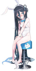 Rule 34 | 1girl, alternate costume, animal ears, aris (blue archive), ataruman, bar stool, bare legs, bare shoulders, black hair, blue archive, blue bow, blue eyes, blush, bow, bowtie, breasts, detached collar, fake animal ears, hair between eyes, hairband, high heels, highres, leotard, long hair, long hair between eyes, looking at viewer, playboy bunny, rabbit ears, shoes, simple background, sitting, small breasts, smile, solo, stool, strapless, strapless leotard, very long hair, white background, white leotard, wrist cuffs