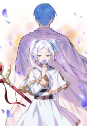 Rule 34 | 1boy, 1girl, arm behind back, back-to-back, belt, capelet, commentary, dress, earrings, falling petals, flower, frieren, green eyes, grey hair, high collar, highres, himmel (sousou no frieren), holding, holding flower, jewelry, long hair, looking down, n2 00345, parted bangs, petals, smelling flower, sousou no frieren, staff, teardrop earrings, thick eyebrows, twintails, upper body, white capelet, white dress