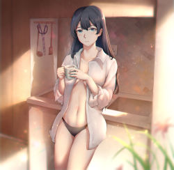 Rule 34 | 1girl, black hair, black panties, blue eyes, blurry, blush, breasts, chinese commentary, chromatic aberration, coffee, cowboy shot, cup, depth of field, dress shirt, er gou daoren, hands up, highres, holding, holding cup, indoors, kitchen, ladle, leaning back, lens flare, light particles, long hair, looking at viewer, morning, mug, navel, no bra, no pants, open clothes, open shirt, original, panties, parted lips, scissors, shirt, sink, sleeves rolled up, solo, standing, steam, sunlight, underwear, white shirt