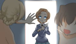 Rule 34 | 3girls, backlighting, black neckwear, blonde hair, blue eyes, blue skirt, blue sweater, blurry, blurry foreground, braid, caught, commentary, crazy eyes, crying, crying with eyes open, darjeeling (girls und panzer), depth of field, diffraction spikes, doorway, dress shirt, frown, girls und panzer, holding, holding knife, knife, long sleeves, looking at another, multiple girls, necktie, open mouth, orange hair, orange pekoe (girls und panzer), parted bangs, pleated skirt, rebirth42000, rukuriri (girls und panzer), school uniform, shirt, short hair, skirt, st. gloriana&#039;s school uniform, standing, sweater, tears, twin braids, v-neck, white shirt, wing collar