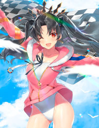 Rule 34 | 1girl, ;d, arm up, black hair, black ribbon, blue sky, blurry, blurry foreground, blush, cloud, cloudy sky, collarbone, commentary request, contrapposto, cowboy shot, day, depth of field, drawstring, earrings, fate/grand order, fate (series), floating hair, fur-trimmed hood, fur trim, glint, hair between eyes, head tilt, hood, hood down, hooded jacket, hoop earrings, ishtar (fate), ishtar (swimsuit rider) (fate), jacket, jewelry, kagachi saku, long hair, long sleeves, looking at viewer, one-piece swimsuit, one eye closed, open mouth, outdoors, outstretched arms, parted bangs, pink jacket, red eyes, ribbon, signature, sky, smile, solo, standing, strapless, strapless one-piece swimsuit, swimsuit, tiara, two side up, white one-piece swimsuit