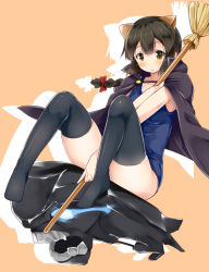 Rule 34 | 10s, 1girl, abyssal ship, animal ears, black thighhighs, blue eyes, blush, braid, broom, brown eyes, brown hair, cape, glowing, glowing eyes, hair ribbon, i-class destroyer, isonami (kancolle), kantai collection, long hair, looking at viewer, hugging object, one-piece swimsuit, open mouth, ribbon, sch, school swimsuit, simple background, sitting, swimsuit, teeth, thighhighs