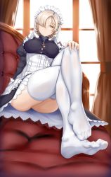 Rule 34 | 1girl, absurdres, apron, arm at side, azur lane, black dress, blonde hair, braid, breasts, chiyo goya, closed mouth, commentary, crossed legs, curtains, dress, expressionless, feet, frills, hair over one eye, hand on own knee, highres, indoors, juliet sleeves, knees up, long sleeves, looking at viewer, maid, maid headdress, medium breasts, no shoes, puffy sleeves, sheffield (azur lane), short hair, sitting, soles, solo, thighhighs, toes, white apron, white thighhighs, window, yellow eyes