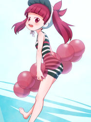 Rule 34 | 1girl, :d, absurdres, bare arms, bare shoulders, barefoot, blunt bangs, bonnet, commentary request, foot out of frame, highres, innertube, kemurikusa, leaning forward, long hair, looking at viewer, one-piece swimsuit, open mouth, red eyes, red hair, rina (kemurikusa), sat-c, simple background, smile, solo, striped clothes, striped one-piece swimsuit, swim ring, swimsuit, teeth, twintails, upper teeth only