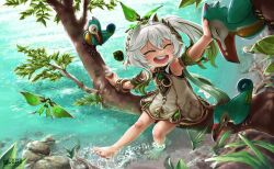 Rule 34 | :d, bare legs, barefoot, cape, child, closed eyes, crystalfly (genshin impact), dress, forest, genshin impact, gradient hair, green cape, green sleeves, hair ornament, highres, in tree, kidakash, lake, leaf hair ornament, legs apart, multicolored hair, nahida (genshin impact), nature, open mouth, petting, pointy ears, self-upload, side ponytail, sitting, sitting in tree, smile, tree, white dress, white hair