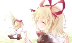 Rule 34 | 1girl, absurdres, blonde hair, bow, closed eyes, doll, dqn (dqnww), facing another, female focus, flower, from side, hair bow, hair ribbon, highres, lily of the valley, medicine melancholy, ribbon, short hair, skirt, smile, su-san, touhou, upper body, wings