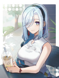 Rule 34 | 1girl, bracelet, breasts, chair, cup, disposable cup, earrings, genshin impact, hair over one eye, hairband, highres, holding, holding cup, jewelry, large breasts, looking at viewer, multicolored eyes, official alternate costume, shenhe (genshin impact), shenhe (heytea) (genshin impact), shimanakao (shimanaka sushi), signature, sitting, sleeveless, smile, solo, sparkle, table, tassel, tassel earrings, tree, upper body