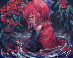 Rule 34 | 1girl, bad id, bad twitter id, black shirt, blue bow, bow, cape, cloak, earrings, flower, hair bow, highres, jewelry, long sleeves, looking to the side, misha (hoongju), open mouth, partially submerged, red cloak, red eyes, red flower, red hair, ripples, sekibanki, shirt, short hair, strangling, touhou, water, water drop, wet