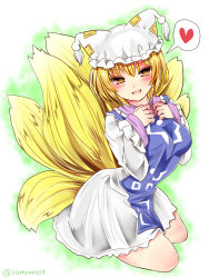 Rule 34 | 1girl, :d, animal hat, blonde hair, blush, breasts, dress, fox tail, hand on own chest, hat, heart, highres, long sleeves, looking at viewer, mob cap, multiple tails, open mouth, ramudia (lamyun), seiza, short dress, short hair, sitting, smile, solo, tabard, tail, tassel, touhou, white dress, wide sleeves, yakumo ran, yellow eyes