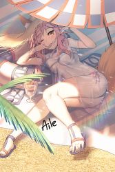 Rule 34 | 1girl, :p, aile (crossroads), animal ears, bangle, beach, beach towel, beach umbrella, bikini, blue bikini, blue footwear, bracelet, brown eyes, commentary request, day, fate/grand order, fate (series), fox ears, fox girl, fox tail, hands up, hat, holding, holding spoon, jewelry, lens flare, long hair, lying, on side, one eye closed, outdoors, palm tree, parted lips, pink hair, revision, sand, sandals, see-through, shade, short sleeves, side-tie bikini bottom, sidelocks, signature, smile, solo, spoon, straw hat, sunlight, swimsuit, tail, tamamo (fate), tamamo no mae (fate/extra), tamamo no mae (swimsuit lancer) (fate), tamamo no mae (swimsuit lancer) (second ascension) (fate), toenails, tongue, tongue out, towel, tree, umbrella