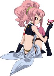 Rule 34 | 1girl, absurdres, anya alstreim, ass, black gloves, boots, butt crack, code geass, gloves, hair ornament, highres, holding, long hair, looking at viewer, pink hair, pink thighhighs, red eyes, solo, thighhighs, transparent background, vector trace