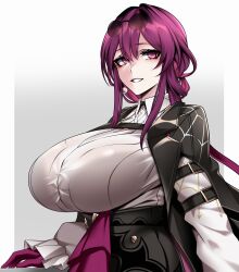 Rule 34 | 1girl, absurdres, alternate breast size, black jacket, bra, bra visible through clothes, breasts, eyewear on head, from side, glass, glasses, highres, honkai: star rail, honkai (series), huge breasts, hz (666v), jacket, kafka (honkai: star rail), looking at viewer, open mouth, purple eyes, purple hair, round eyewear, shirt, simple background, smile, solo, underwear, white background, white shirt