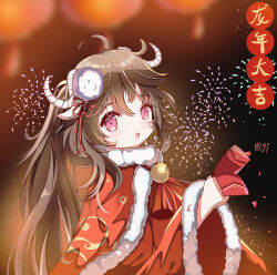 Rule 34 | 1girl, :o, absurdres, aerial fireworks, animal ears, arknights, brown hair, chinese commentary, chinese new year, chinese text, chinese zodiac, commentary request, envelope, eyjafjalla (arknights), fireworks, fur trim, highres, holding, holding envelope, hongbao, horns, long hair, looking at viewer, open mouth, pink eyes, sheep ears, sheep girl, sheep horns, side ponytail, solo, translation request, upper body, year of the dragon, yunduan tianshang de long yt