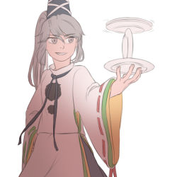 Rule 34 | 1girl, grey eyes, hat, lowres, mefomefo, mononobe no futo, plate, plate spinning, ponytail, ribbon-trimmed sleeves, ribbon trim, silver hair, smile, solo, tate eboshi, touhou, wide sleeves