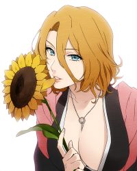 Rule 34 | 1girl, bad id, bad pixiv id, between breasts, bleach, blue eyes, breasts, cleavage, flower, hair between eyes, japanese clothes, jewelry, large breasts, looking at viewer, matsumoto rangiku, mole, mole under mouth, mouth hold, necklace, orange hair, short hair, solo, sunflower, yukin (es)