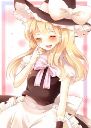 Rule 34 | 1girl, aliprojectlove, apron, bad id, bad pixiv id, black dress, blonde hair, blush, bow, closed eyes, dress, framed, hat, hat bow, kirisame marisa, long hair, open mouth, outside border, puffy sleeves, short sleeves, smile, solo, touhou, ukita uuko, waist apron, witch hat, wrist cuffs