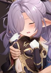 Rule 34 | 1boy, 1girl, absurdres, armor, blush, grabbing another&#039;s breast, breasts, clothing cutout, closed eyes, gloves, grabbing, grabbing from behind, granblue fantasy, hair ornament, hair over one eye, harvin, heteto, highres, iwao (pixiv258710), long hair, navel, navel cutout, niyon (granblue fantasy), pointy ears, ponytail, purple hair, simple background, small breasts, solo focus, sweat, upper body, white gloves
