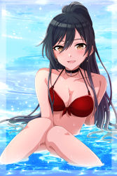 Rule 34 | 1girl, bare shoulders, bikini, black hair, blush, breasts, choker, cleavage, collarbone, earrings, hair between eyes, high ponytail, highres, idolmaster, idolmaster shiny colors, jewelry, knees up, large breasts, long hair, looking at viewer, open mouth, partially submerged, ponytail, popon ta, red bikini, shirase sakuya, smile, swimsuit, thighs, water, wet, yellow eyes