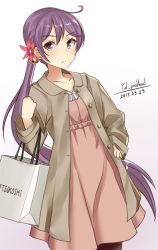 Rule 34 | 10s, 1girl, akebono (kancolle), alternate costume, artist name, bad id, bad pixiv id, bag, bell, brown jacket, collarbone, dated, dress, flower, gradient background, grey background, hair bell, hair between eyes, hair flower, hair ornament, jacket, jingle bell, kantai collection, long hair, long sleeves, mitsukoshi (department store), pallad, pink dress, product placement, purple eyes, purple hair, shopping bag, side ponytail, solo, very long hair