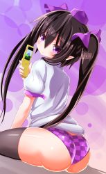 Rule 34 | 1girl, ass, black thighhighs, bow, brown hair, cellphone, checkered clothes, checkered panties, greatmosu, hair bow, hat, highres, himekaidou hatate, long hair, looking at viewer, looking back, no pants, panties, phone, pointy ears, purple eyes, purple panties, shirt, short sleeves, sitting, solo, thighhighs, tokin hat, touhou, twintails, underwear, very long hair