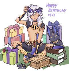 Rule 34 | 1boy, :d, ^ ^, arm up, belt, birthday, black choker, black gloves, black shirt, black shorts, book, book stack, box, card, choker, closed eyes, collarbone, commentary, crop top, cyno (genshin impact), dark-skinned male, dark skin, dated, dice, egyptian clothes, envelope, fingerless gloves, flower, flower wreath, genius invokation tcg, genshin impact, gift, gift box, gloves, gold trim, hair over one eye, happy birthday, head wreath, letter, long hair, male focus, no headwear, open mouth, padisarah flower, parted bangs, pelvic curtain, playing card, purple flower, quill, red flower, red rose, resso (resso oo), rose, shirt, short sleeves, shorts, simple background, sitting, smile, solo, stuffed animal, stuffed toy, sumeru rose (genshin impact), swept bangs, symbol-only commentary, teeth, upper teeth only, usekh collar, white background, white hair