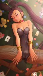 Rule 34 | 1girl, ace (playing card), ace of clubs, animal ears, bangle, bare shoulders, black headband, blurry, blurry background, blush, bracelet, breasts, cameltoe, card, choker, cleavage, club (shape), collarbone, commentary, dragon quest, dragon quest xi, english commentary, eyelashes, fake animal ears, fishnet pantyhose, fishnets, greatm8, half-closed eyes, headband, heart, heart choker, high ponytail, highres, indoors, jewelry, knees apart feet together, leotard, long hair, looking at viewer, lying, martina (dq11), medium breasts, navel, no shoes, on back, pantyhose, photoshop (medium), playboy bunny, playing card, poker chip, poker table, purple eyes, rabbit ears, red choker, skin tight, solo, source filmmaker (medium), spread legs, sweat, sweatdrop, table, very long hair