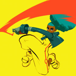 Rule 34 | 1girl, afro, baggy clothes, big hair, black eyes, blending, blue jacket, bomb rush cyberfunk, boots, commentary, dark-skinned female, dark skin, english commentary, gloves, graffiti, green gloves, green hair, highres, jacket, jumping, jumpsuit, open clothes, open jacket, solo, spray can, spray paint, tom waterhouse, very dark skin, vinyl (bomb rush cyberfunk), yellow background, yellow footwear, yellow jumpsuit