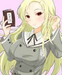 Rule 34 | 1girl, adjusting hair, black ribbon, blonde hair, blush, book, breasts, buttons, center frills, double-breasted, fingernails, frills, gessen academy uniform, grey shirt, hair ornament, hairclip, highres, holding, holding book, large breasts, long hair, long sleeves, looking at viewer, mole, mole under mouth, nail polish, parted bangs, pink background, pink nails, red eyes, ribbon, ryou.r, school emblem, school uniform, senran kagura, senran kagura shinovi versus, shiki (senran kagura), shirt, simple background, smile, solo, translation request, undershirt, upper body, white undershirt