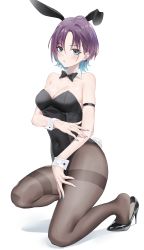 Rule 34 | 1girl, :o, absurdres, animal ears, armband, asakura toru, bare shoulders, black bow, black bowtie, black leotard, black pantyhose, blue hair, blush, bow, bowtie, breasts, cleavage, collarbone, covered navel, detached collar, full body, gradient hair, high heels, highres, idolmaster, idolmaster shiny colors, leotard, looking at viewer, medium breasts, mentha, multicolored hair, nail polish, pantyhose, parted bangs, patent heels, playboy bunny, pumps, purple hair, rabbit ears, rabbit tail, shoes, short hair, simple background, solo, squatting, stiletto heels, tail, thighband pantyhose, white background, wrist cuffs