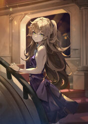 Rule 34 | 1girl, absurdres, bare shoulders, black nails, black scarf, bow, bracelet, breasts, column, crossed bangs, dress, evening gown, floating hair, formal, from behind, girls&#039; frontline, hair between eyes, hand on railing, highres, indoors, jewelry, light brown hair, light particles, long hair, looking at viewer, looking back, official alternate costume, one side up, parted lips, pillar, purple bow, purple dress, sakanafish, scarf, sidelocks, small breasts, smile, stairs, sunlight, ump45 (diamond flower) (girls&#039; frontline), ump45 (girls&#039; frontline), very long hair, waist bow, yellow eyes