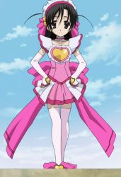 Rule 34 | 00s, 1girl, dress, gloves, katsura kokoro, magical girl, magical heart kokoro-chan, ribbon, school days, screencap, sky, solo, thighhighs