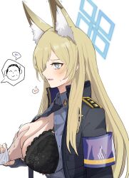Rule 34 | 1boy, 1girl, absurdres, animal ear fluff, animal ears, armband, doodle sensei (blue archive), black bra, black jacket, black necktie, blonde hair, blue archive, blue eyes, blush, bra, breasts, cleavage, collared shirt, commentary, english text, epaulettes, extra ears, grabbing, grabbing another&#039;s breast, grabbing another's breast, guided breast grab, guiding hand, hair over one eye, halo, hetero, highres, holding another&#039;s wrist, inapple, jacket, kanna (blue archive), lace, lace-trimmed bra, lace trim, large breasts, long hair, necktie, open clothes, open mouth, open shirt, sensei (blue archive), sharp teeth, shirt, simple background, solo focus, teeth, underwear, upper body, white background