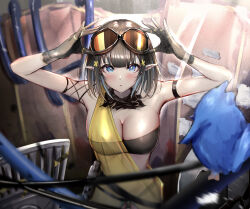 Rule 34 | 1girl, arknights, arm strap, arms up, bandeau, bare shoulders, bird, black hair, blue eyes, breasts, bright pupils, cleavage, commentary request, dress, eunectes (arknights), gloves, goggles, goggles on head, grey gloves, high priest (arknights), highres, large breasts, looking at viewer, poni (poni arknights), see-through, short hair, single-shoulder dress, strapless, tube top, upper body, white pupils, yellow dress