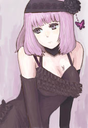 Rule 34 | 1girl, bad id, bad pixiv id, breasts, bug, butterfly, choker, cleavage, elbow gloves, frills, gloves, hairband, bug, large breasts, leaning forward, lili levinas, niwa (lulubelle), pink eyes, pink hair, senkou no ronde, short hair, solo, tattoo