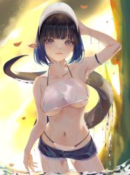 Rule 34 | 1girl, absurdres, arknights, arm behind head, arm strap, arm up, armpits, backlighting, bare shoulders, bikini, black hair, blue eyes, blue hair, blue shorts, blunt bangs, breasts, closed mouth, contrapposto, cutoffs, day, eunectes (arknights), gradient hair, hat, highres, large breasts, looking at viewer, multicolored hair, navel, nekobell, outdoors, petals, short shorts, shorts, skindentation, solo, stomach, sunlight, swimsuit, tree, underboob, wading, water, white bikini, white hat