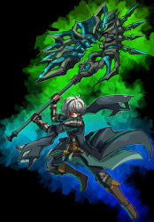 1boy alternate_color alternate_costume alternate_eye_color alternate_form alternate_hair_color armor attack aura axe aymr_(fire_emblem) battle_axe belt belt_buckle black_background brown_footwear buckle byleth_(fire_emblem) byleth_(male)_(fire_emblem) coat corruption crescent crescent_print crossover dagger dark_persona detached_sleeves diving facial_tattoo fierce_deity fingerless_gloves fire_emblem fire_emblem:_three_houses gloves hal_laboratory highres holding holding_axe holding_weapon incoming_attack intelligent_systems knife long_sleeves looking_down male_focus nintendo no_pupils pauldrons possessed possession serious short_hair shoulder_armor stoic_seraphim super_smash_bros. tattoo the_legend_of_zelda the_legend_of_zelda:_majora&#039;s_mask weapon white_eyes white_hair wrist_guards