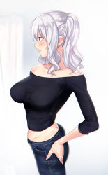 Rule 34 | 1girl, alternate costume, black sweater, blue eyes, blue pants, blurry, breasts, butt crack, cowboy shot, denim, depth of field, duplicate, jeans, kantai collection, kashima (kancolle), large breasts, long hair, midriff, off-shoulder sweater, off shoulder, pants, profile, sidelocks, silver hair, solo, standing, sweater, twintails, twisted torso, untue, wavy hair, white background