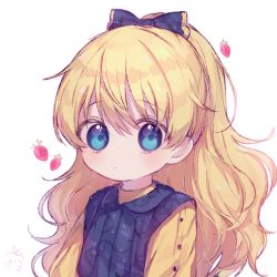 Rule 34 | 1girl, bad id, bad pixiv id, black bow, black jacket, blonde hair, blue eyes, blush, bow, closed mouth, copyright request, food, fruit, hair between eyes, hair bow, jacket, long hair, looking at viewer, poyo (shwjdddms249), shirt, signature, simple background, sleeveless, sleeveless jacket, solo, strawberry, very long hair, white background, yellow shirt
