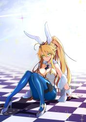 Rule 34 | 1girl, absurdres, ahoge, animal ears, artoria pendragon (alter swimsuit rider) (fate), artoria pendragon (fate), ass, bad id, bad pixiv id, bare shoulders, between breasts, blonde hair, blue pantyhose, breasts, checkered floor, cleavage, crown, fake animal ears, fate/grand order, fate (series), fishnet pantyhose, fishnets, full body, green eyes, hair between eyes, high heels, highres, holster, large breasts, leotard, long hair, looking at viewer, necktie, necktie between breasts, ofudou, pantyhose, playboy bunny, ponytail, rabbit ears, shadow, sitting, smile, solo, thigh holster, very long hair, white footwear, wrist cuffs