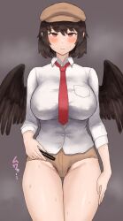 Rule 34 | 1girl, alternate breast size, black pubic hair, blush, breast pocket, breasts, brown hair, brown hat, brown shorts, brown wings, cabbie hat, closed mouth, collared shirt, commentary request, covered erect nipples, cowboy shot, ecstasy1919, feathered wings, female pubic hair, hair between eyes, hand on own thigh, hat, highres, holding, holding pen, huge breasts, long sleeves, looking at viewer, medium bangs, micro shorts, necktie, no panties, pen, pocket, pointy ears, pubic hair, pubic hair peek, red eyes, red necktie, shameimaru aya, shameimaru aya (newsboy), shiny skin, shirt, short hair, shorts, smile, solo, steaming body, sweat, touhou, wings