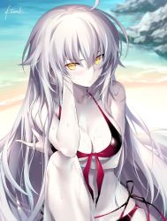 Rule 34 | 1girl, :/, artist name, bare shoulders, beach, bikini, black ribbon, blush, breast hold, breasts, cleavage, closed mouth, collarbone, dripping, fate/grand order, fate (series), feet out of frame, front-tie bikini top, front-tie top, gradient clothes, hair between eyes, jeanne d&#039;arc (fate), jeanne d&#039;arc alter (avenger) (fate), jeanne d&#039;arc alter (fate), knee up, kousaki rui, large breasts, long hair, looking at viewer, multi-strapped bikini, navel, ocean, pale skin, pink ribbon, ribbon, rock, shore, side-tie bikini bottom, signature, silver hair, sitting, solo, straight hair, swimsuit, tsurime, underboob, v-shaped eyebrows, very long hair, water, water drop, wet, yellow eyes